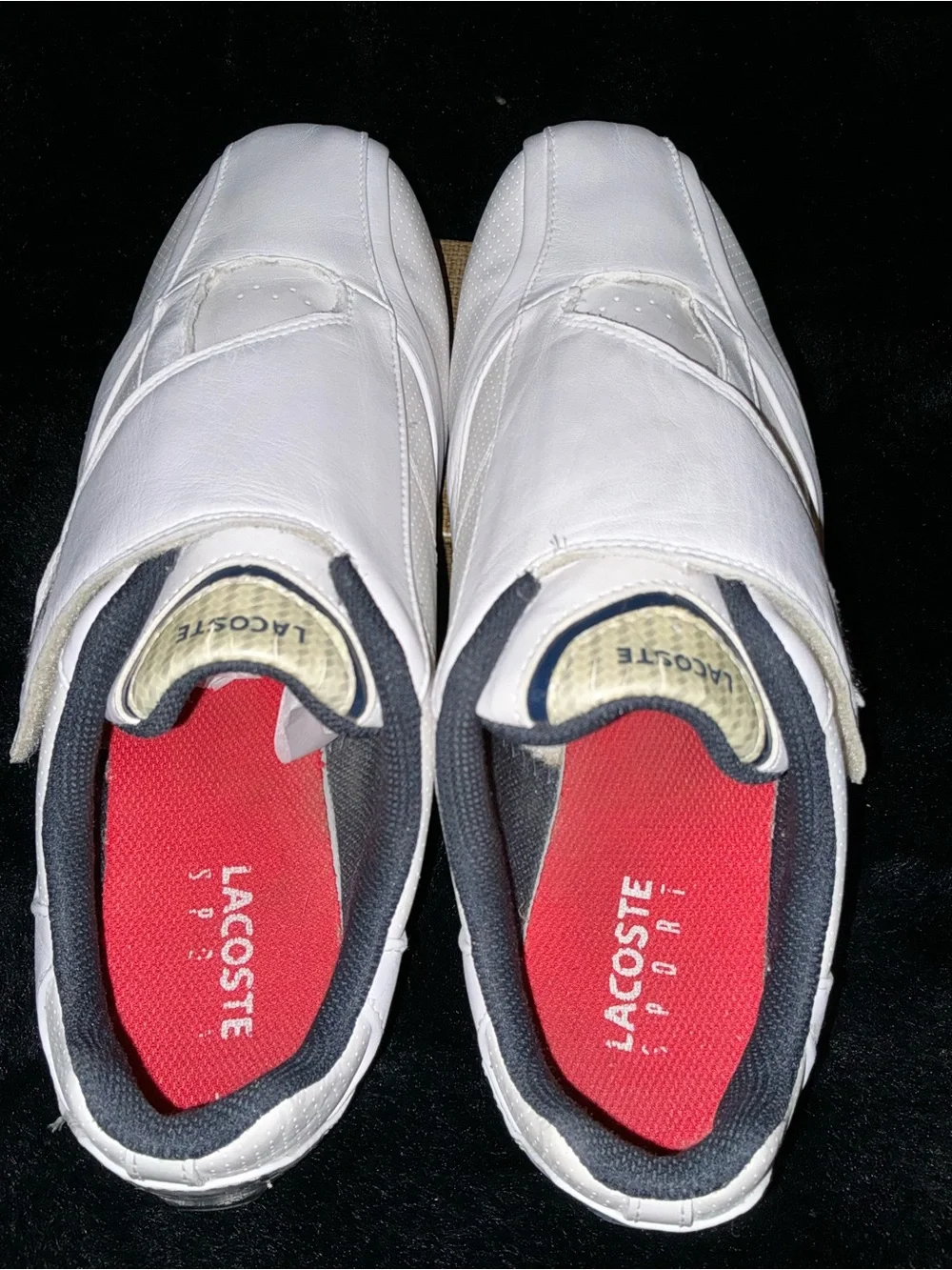 Lacoste Men's White Leather Slip-On Radium Strap Sneakers with Navy Trim